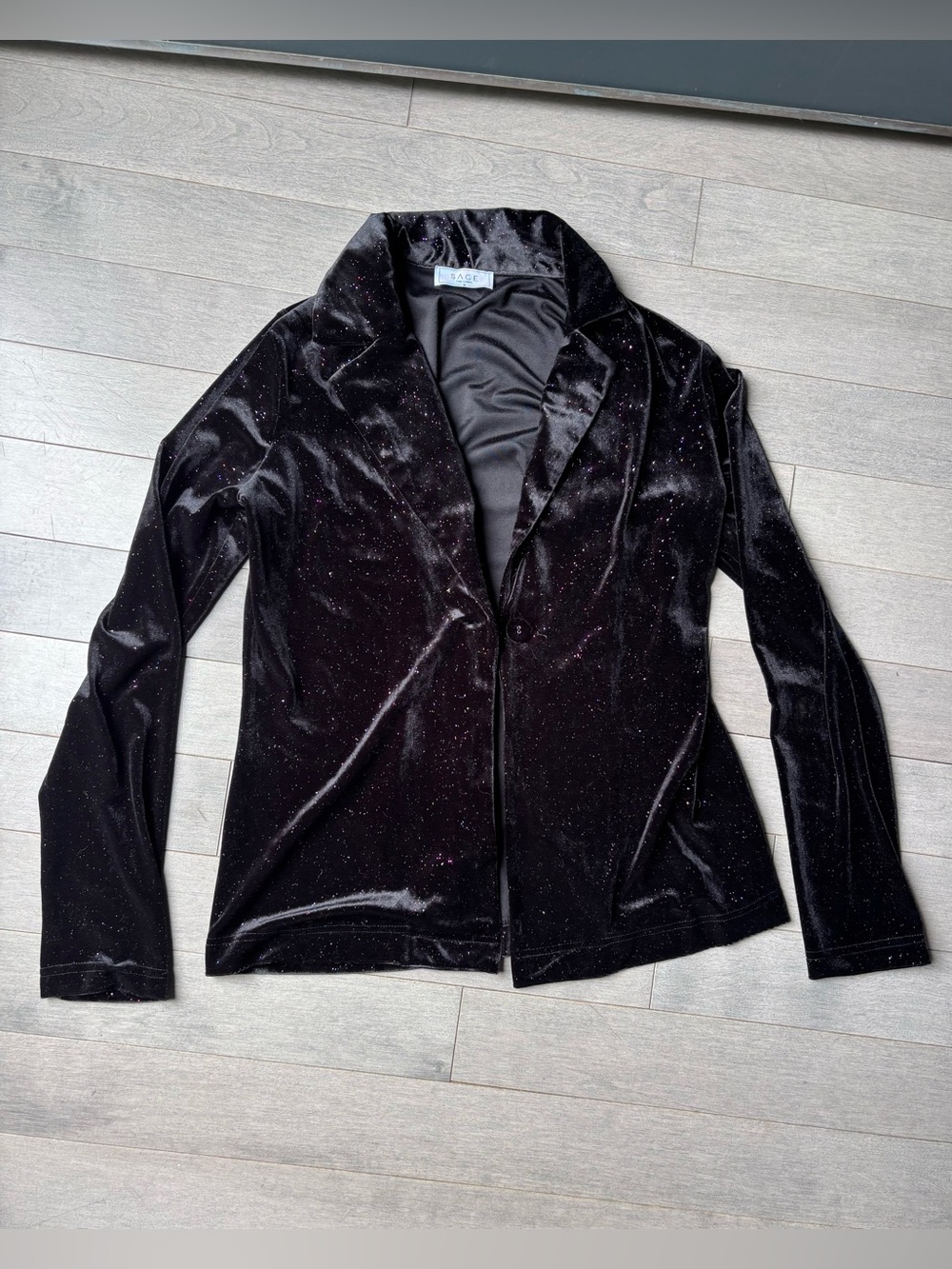 Women’s SAGE Black Velvet Sparkly Glitter One Button Blazer Medium Office
